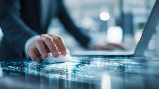 Close-up of Businessman Using a Wireless Mouse on Illuminated Interactive Screen Displaying Data and Information photo
