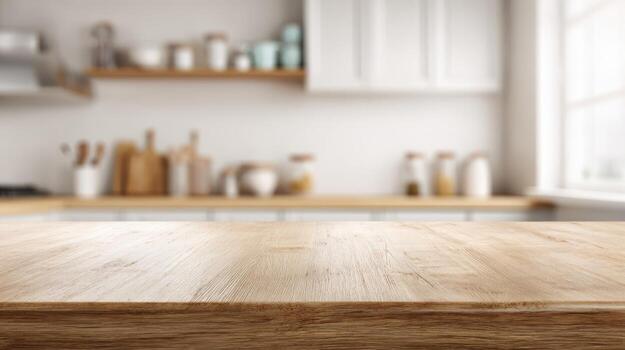 Wooden Tabletop with Blurred Kitchen Background Ideal for Product Display and Mockups, Promoting Culinary Design photo