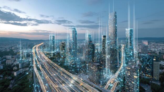 Futuristic Cityscape with Digital Network, High-Rise Buildings, and Highway Infrastructure at Dusk photo