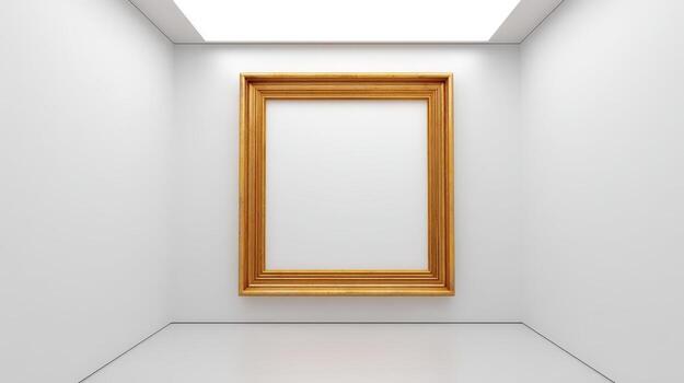 Empty Museum Gallery with Gold Frame on White Wall for Artwork Mockup and Presentation photo