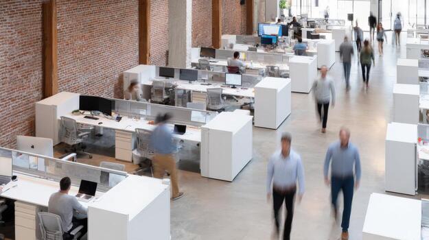 Modern Open-Plan Office with Employees Working and Walking Through Spacious Workspace, Featuring Natural Light and Contemporary Design photo