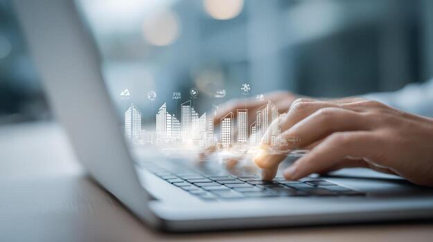 manos mecanografía en ordenador portátil con paisaje urbano cubrir digital negocio y tecnología concepto foto