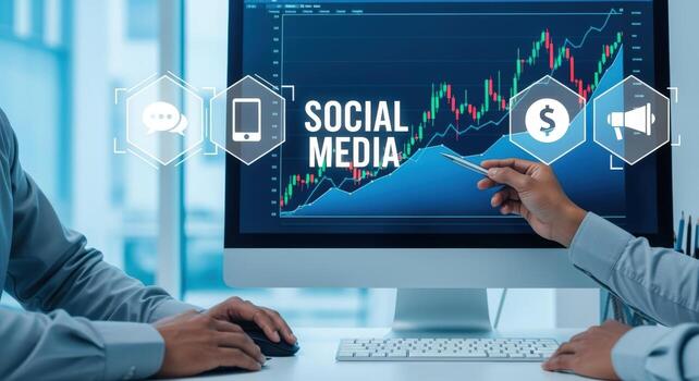 social medios de comunicación márketing análisis desplegado en computadora pantalla con negocio profesionales revisando datos foto