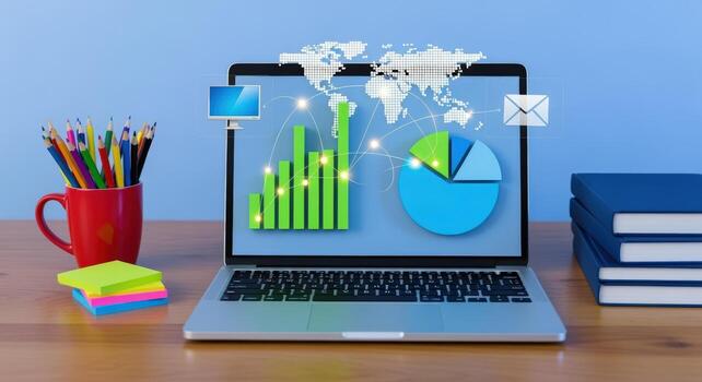Data Visualization on Laptop Screen with Stationery, Representing Business Analytics and Global Communication in Office photo