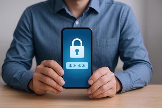 Smartphone Security Man Holding Device Displaying Padlock and Password Entry for Secure Access photo