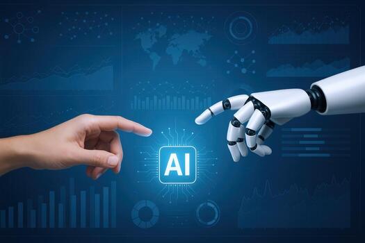 Artificial Intelligence Conceptual Image Human Finger Touching Robot Hand with Digital Chip, Representing Technology photo