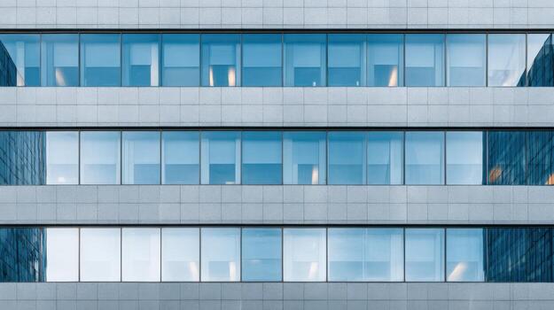 Facade of Modern Building with Reflections in Windows, Emphasizing Architecture and Urban Design photo