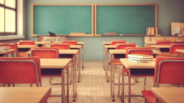 Empty Classroom with Desks and Chalkboards Ready for Students to Return to School photo