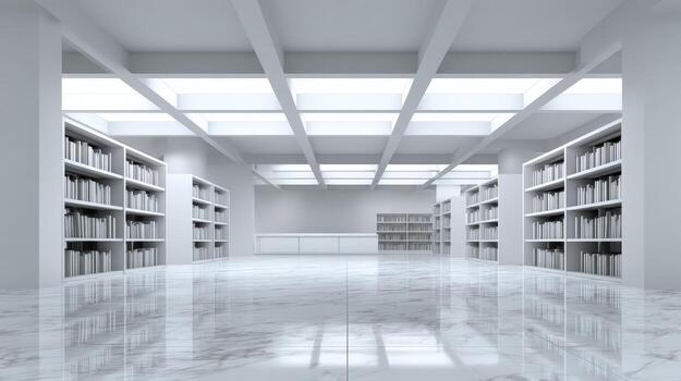 Bright Modern Library Interior with Bookshelves and Polished Floor in a Minimalist Architectural Style photo
