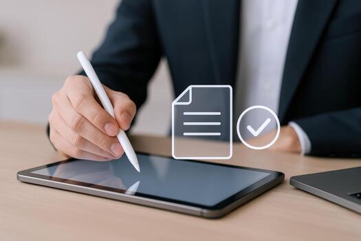 Digital Signature Agreement A Businessman Signs a Contract on a Tablet, Confirming with Approval Checkmark photo