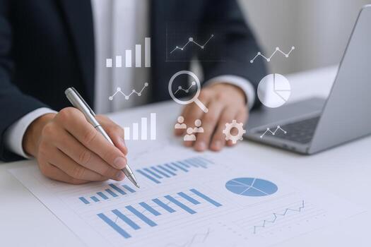 Financial Analyst Reviewing Business Data and Growth Charts with Laptop on Desk photo