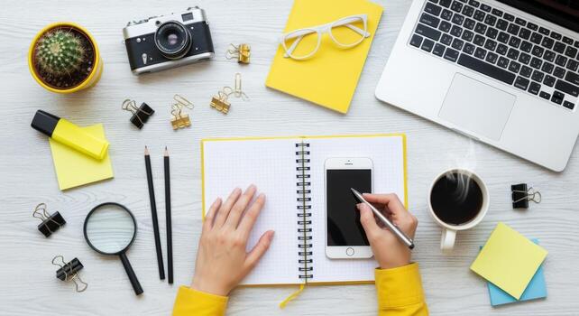 Overhead Workspace Composition with Notepad, Phone, Camera, Laptop, Office Supplies, and Cactus photo
