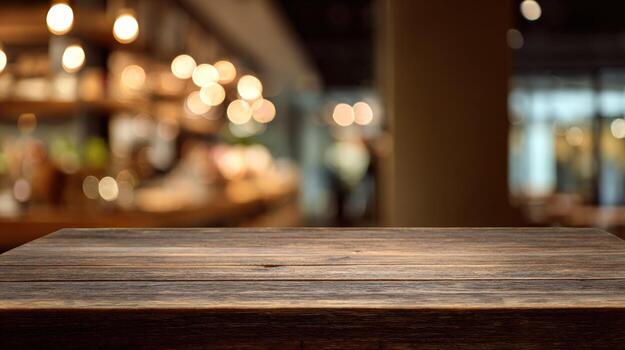 Rustic Wooden Tabletop with Blurred Cafe Background Perfect for Product Mockups and Display photo
