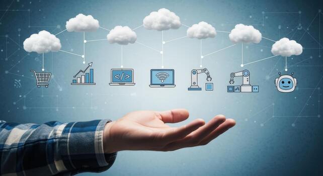 Cloud Computing Solutions Hand Presenting Networked Digital Business Technology for IT Modernization photo