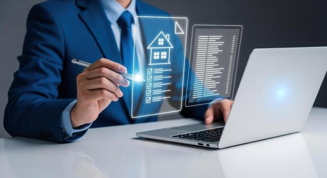 Real Estate Professional Analyzing Property Data on a Futuristic Interface with Laptop and Stylus photo