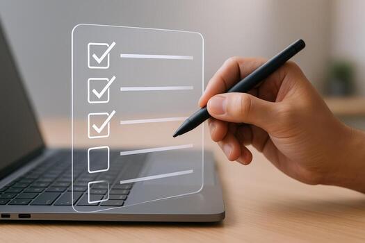 Hand Completing Digital Checklist on Laptop Screen - Task Management and Productivity Concept photo