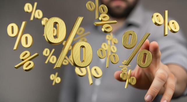Floating Percentage Symbols with Blurred Hand Visualizing Financial Interest Rates and Discounted Offers Concept photo