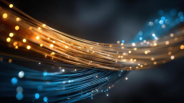 Abstract Fiber Optic Cables Flowing with Blue and Orange Light, Representing High-Speed Data Transmission photo
