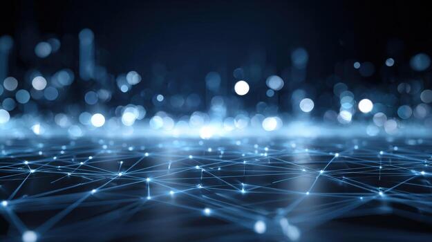 Abstract Technology Background with Interconnected Nodes and Bokeh Lights for Modern Network Concepts photo