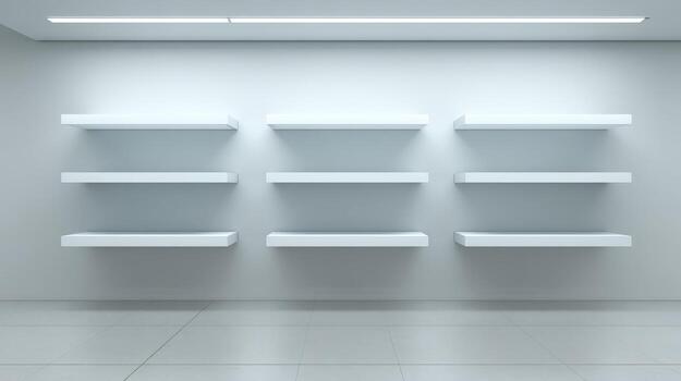 Minimalist Interior with Empty White Shelves for Product Display in a Modern Retail Space photo
