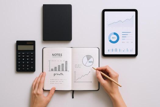 Business Analysis and Financial Planning A Modern Workspace Featuring Charts, Graphs, Calculator, and Notebook photo