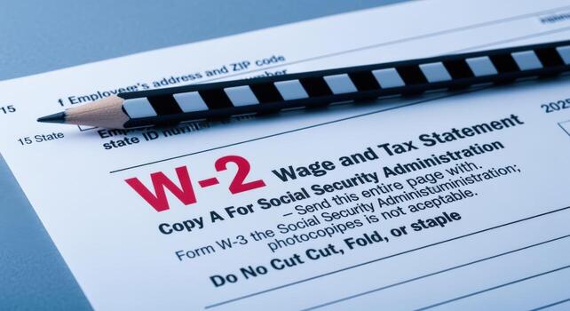 W-2 Wage and Tax Statement Form with Pencil, Indicating Tax Preparation and Financial Paperwork for Fiscal Tasks photo