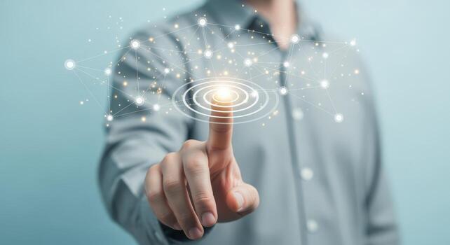 hombre interactuando con futurista tecnología interfaz, conmovedor brillante digital elemento con datos conectividad, innovaciones y soluciones foto