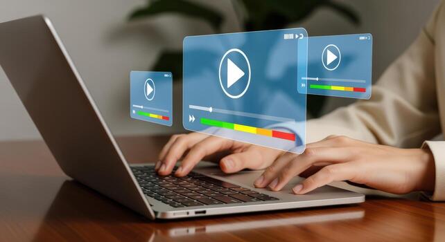 Streaming Content Concept Person Using Laptop with Floating Playback Interfaces for Entertainment or Education photo