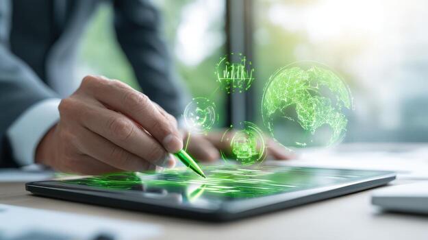 empresario utilizando tableta con holográfico verde tecnología monitor para sostenible negocio y ambiental soluciones foto