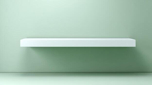 Minimalist Floating Shelf Mockup on Light Green Wall, Empty Space for Product Display, Modern Interior photo