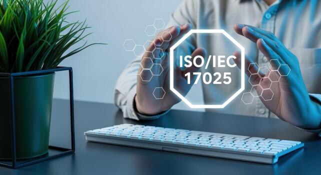 ISOIEC 17025 Accreditation Concept Man Presenting Digital Interface Representing Quality Standard for Laboratories and Calibration with Keyboard photo
