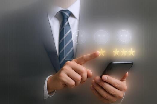 Businessman assessing service quality, providing feedback with a mobile device and customer satisfaction interface photo