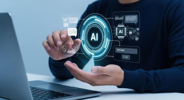 AI Technology Concept Man Interacting with Holographic Interface Demonstrating Artificial Intelligence and Machine Learning Applications photo