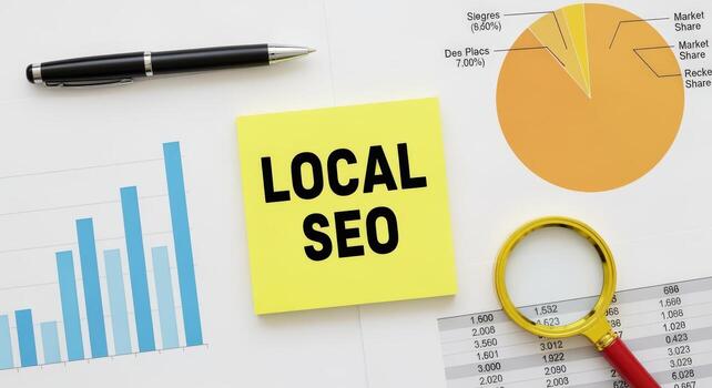 Local SEO Strategy and Analytics Data Charts, Magnifying Glass, and Pen on White Background photo