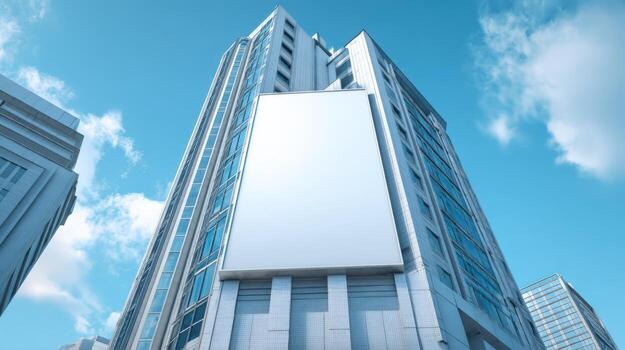 Modern Office Building with Blank Billboard for Advertising, Low Angle View, Blue Sky and Clouds photo