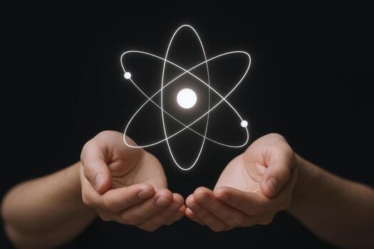 Hands Cupping a Digital Atom Illustration, Representing Science, Technology, Innovation, and the Power of Knowledge photo