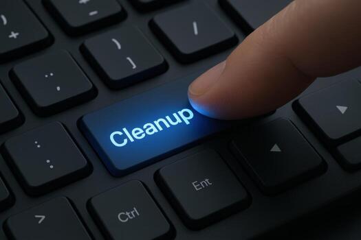 Finger pressing cleanup button on computer keyboard, concept for system maintenance and optimization photo