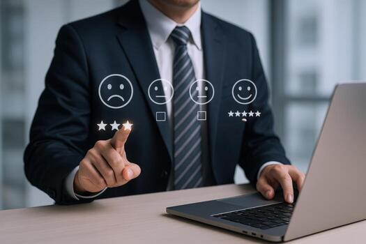 Customer Feedback Selection Interface Business Professional Using Laptop to Evaluate Satisfaction Levels Through Digital Survey photo