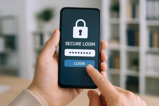 teléfono inteligente autenticación seguro iniciar sesión proceso en móvil dispositivo con dedo señalando en pantalla, seguridad concepto foto
