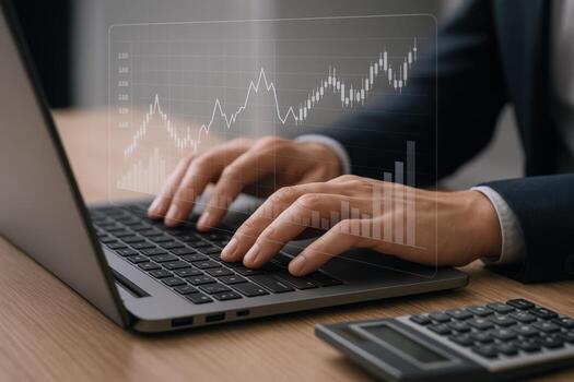 Business Professional Analyzing Financial Data on Laptop with Growth Chart Overlay for Investment Strategy photo