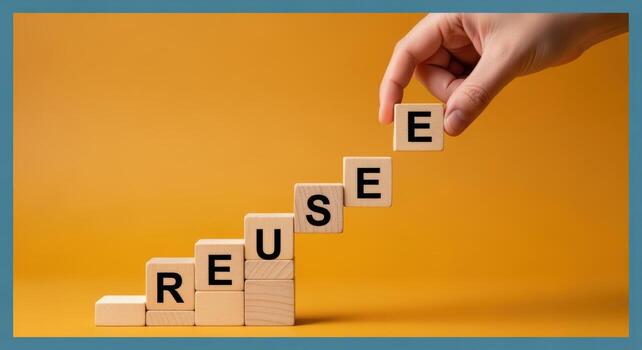 Concept Image Featuring Blocks Spelling Reuse in Ascending Order Against a Yellow Background photo