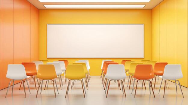 Brightly Lit Classroom Interior with Chairs Arranged Facing a Whiteboard for Presentations and Learning photo