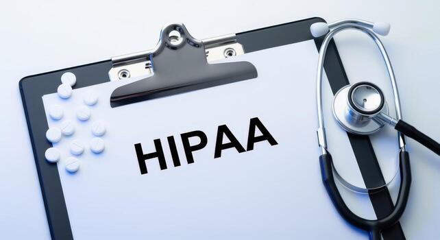 HIPAA Compliance Concept with Stethoscope, Clipboard, and Pills Representing Healthcare Security and Patient Privacy photo