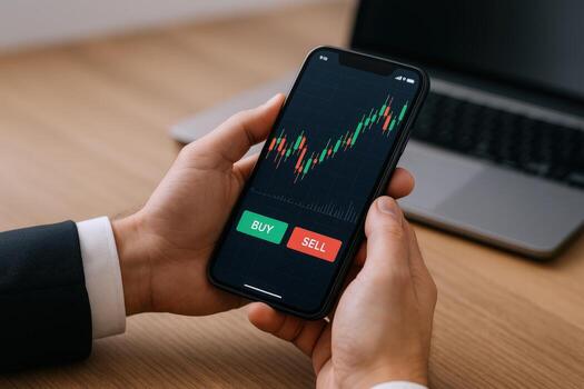 Online Trading Platform on Mobile Phone Investor Analyzing Stock Market Chart with Buy and Sell Buttons photo