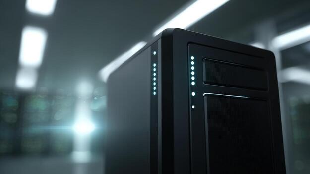Data Center Server Rack Close-Up with Glowing Lights in a Modern Technology Environment photo