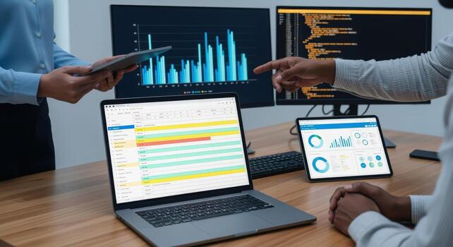 Business Professionals Analyzing Data and Charts on Multiple Digital Devices in an Office Setting photo