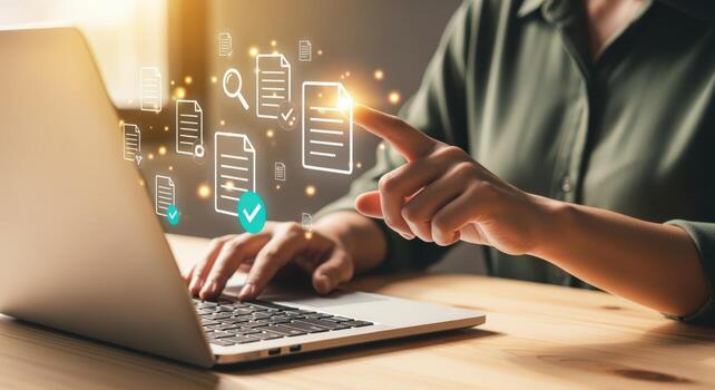 Document Management System Businesswoman Accessing Digital Files and Data on Laptop for Efficient Workflow photo