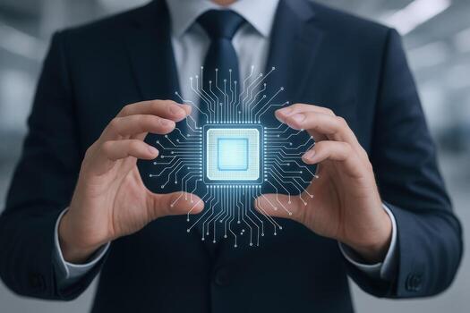 empresario participación brillante procesador futuro tecnología, innovación, artificial inteligencia y digital transformación concepto foto