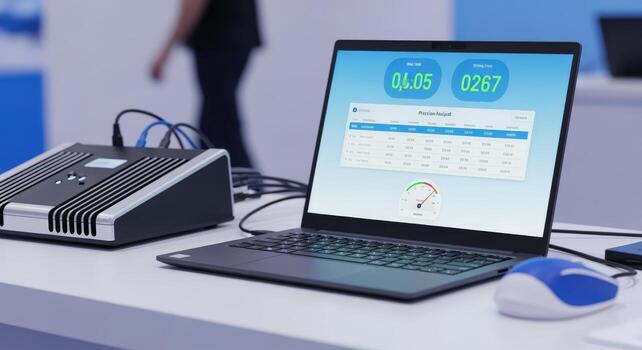 Laptop Computer Displaying Data with Connected Hardware for Testing and Analysis in Technology Environment photo