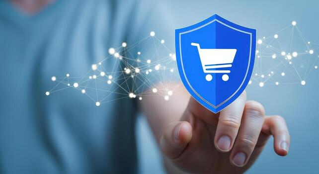 en línea compras seguridad concepto persona interactuando con compras carro proteger icono en digital interfaz foto